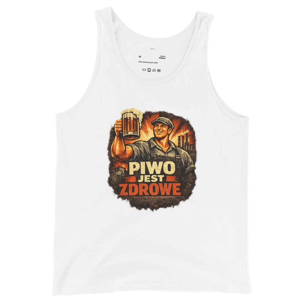 Męska koszulka na ramiączkach „Piwo Jest Zdrowe” – tank top PRL z piwną grafiką retro| Zarn.pl Męska koszulka na ramiączkach „Piwo Jest Zdrowe” – tank top PRL z piwną grafiką retro - obrazek 4