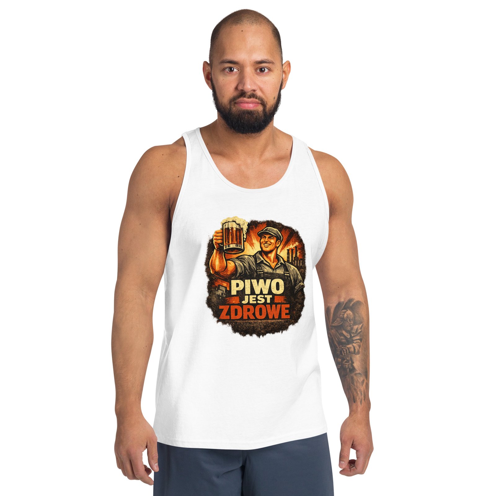 Męska koszulka na ramiączkach „Piwo Jest Zdrowe” – tank top PRL z piwną grafiką retro| Zarn.pl Męska koszulka na ramiączkach „Piwo Jest Zdrowe” – tank top PRL z piwną grafiką retro - obrazek 9