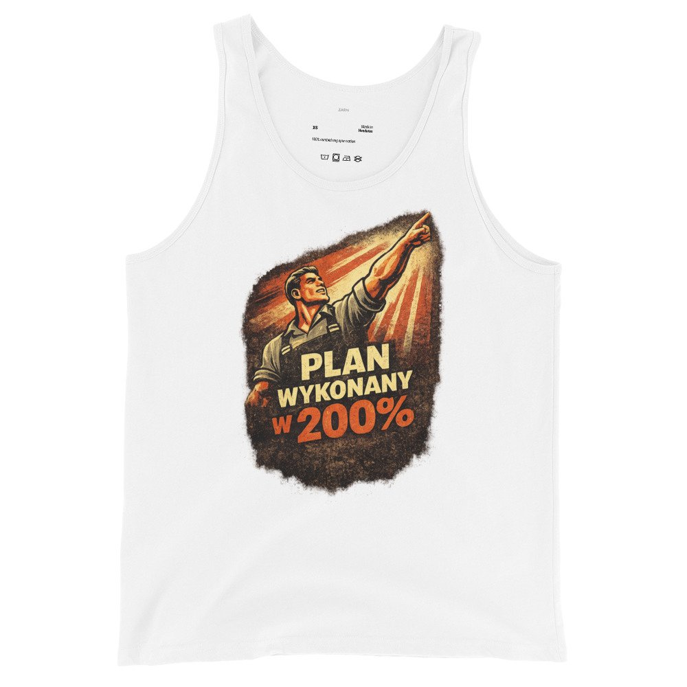 Męska koszulka na ramiączkach „Plan Wykonany w 200%” – tank top PRL z propagandową grafiką retro| Zarn.pl Męska koszulka na ramiączkach „Plan Wykonany w 200%” – tank top PRL z propagandową grafiką retro - obrazek 4