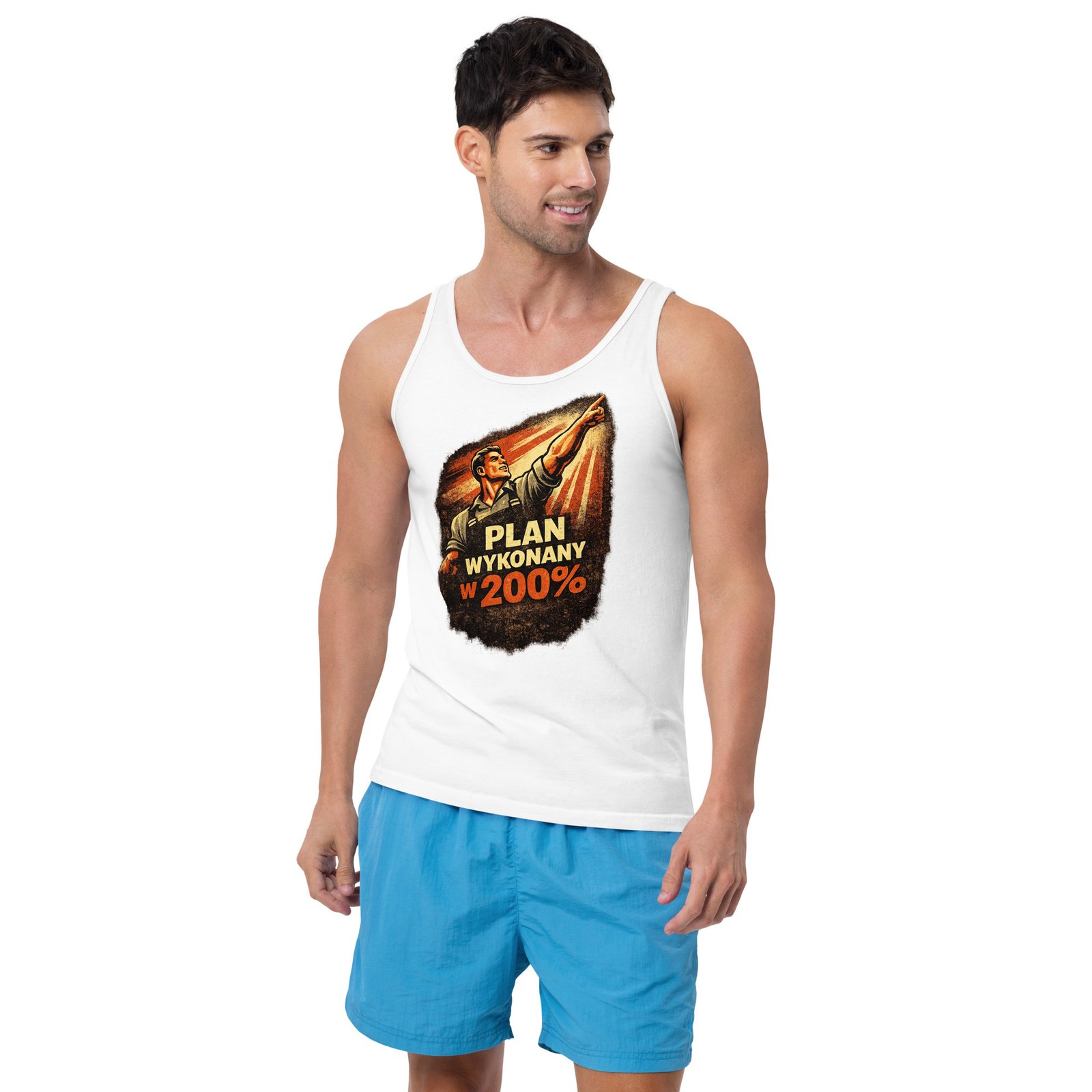 Męska koszulka na ramiączkach „Plan Wykonany w 200%” – tank top PRL z propagandową grafiką retro| Zarn.pl męska koszulka na ramiączkach PRL z propagandowym nadrukiem