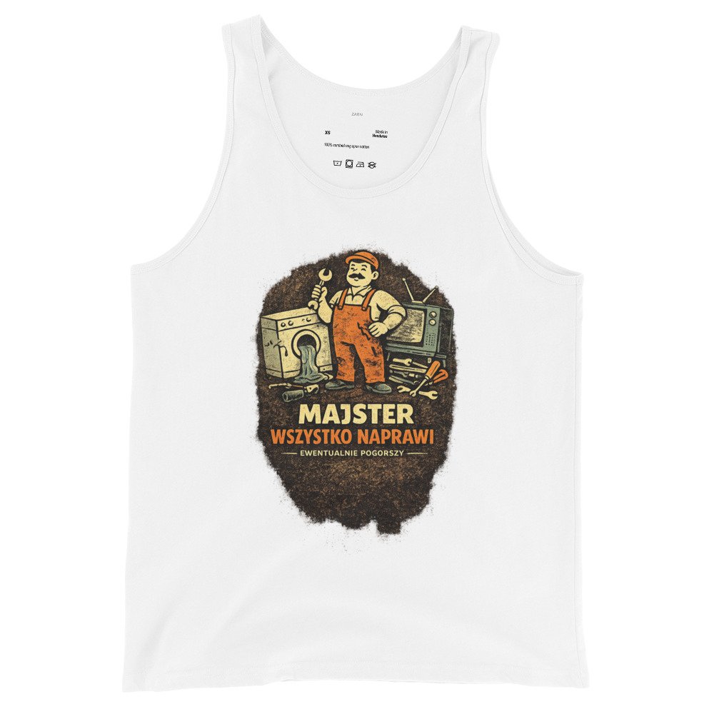 Męska koszulka na ramiączkach „Majster Wszystko Naprawi” – tank top PRL z humorystycznym mechanikiem retro| Zarn.pl Męska koszulka na ramiączkach „Majster Wszystko Naprawi” – tank top PRL z humorystycznym mechanikiem retro - obrazek 4