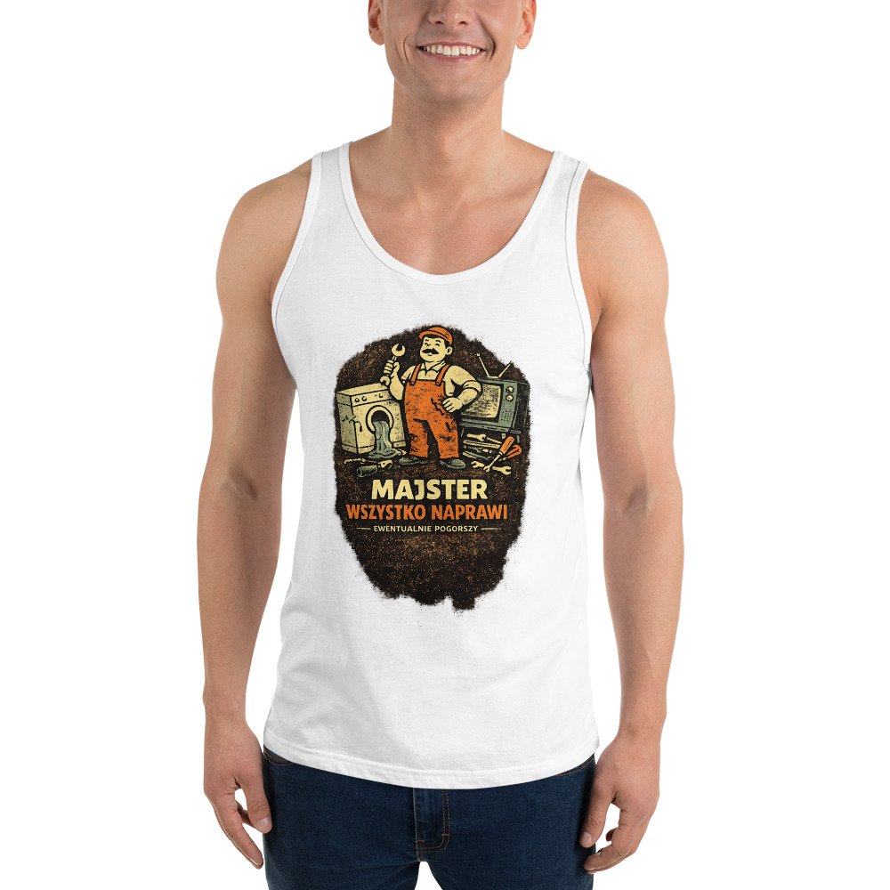 Męska koszulka na ramiączkach „Majster Wszystko Naprawi” – tank top PRL z humorystycznym mechanikiem retro| Zarn.pl Męska koszulka na ramiączkach „Majster Wszystko Naprawi” – tank top PRL z humorystycznym mechanikiem retro - obrazek 9