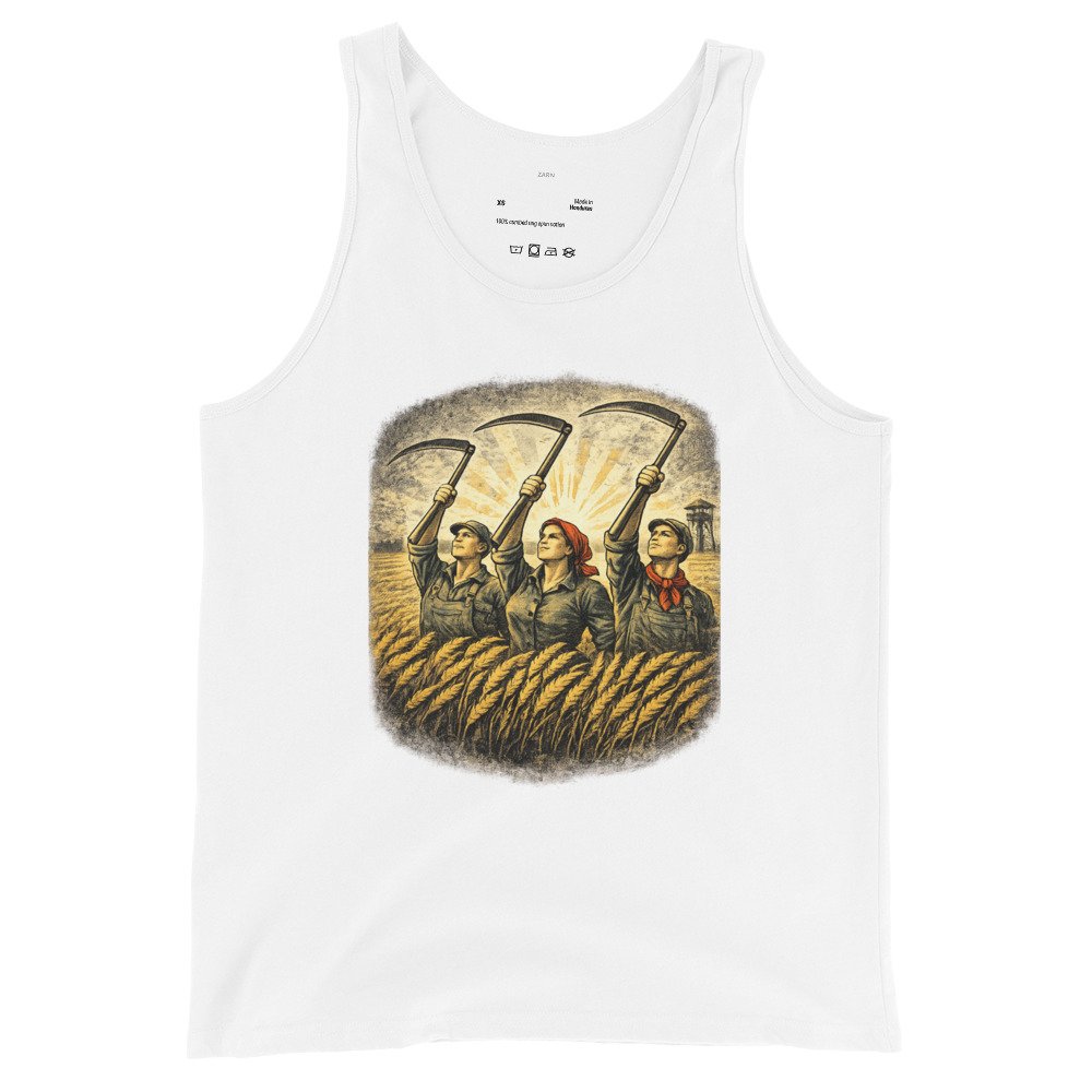Męska koszulka na ramiączkach „Żniwa PRL” – tank top retro z rolnikami i kosami| Zarn.pl Męska koszulka na ramiączkach „Żniwa PRL” – tank top retro z rolnikami i kosami - obrazek 4