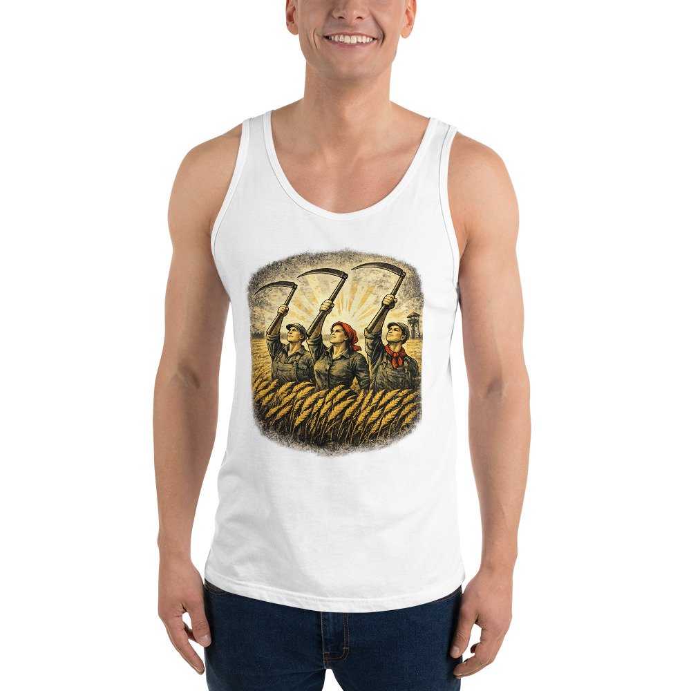 Męska koszulka na ramiączkach „Żniwa PRL” – tank top retro z rolnikami i kosami| Zarn.pl męska koszulka na ramiączkach PRL z motywem żniw