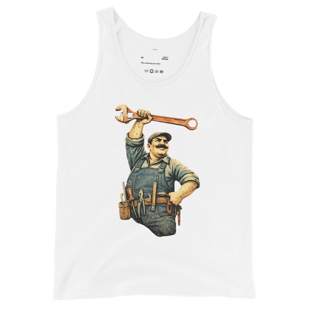 Męska koszulka na ramiączkach „Majster PRL” – tank top retro z mechanikiem i kluczem francuskim| Zarn.pl Męska koszulka na ramiączkach „Majster PRL” – tank top retro z mechanikiem i kluczem francuskim - obrazek 4