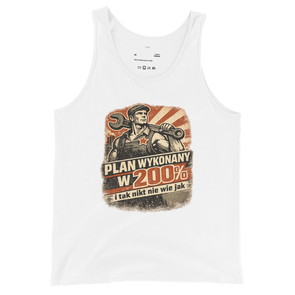 Męska koszulka na ramiączkach „Plan Wykonany w 200%” – tank top PRL z mechanikiem retro| Zarn.pl Męska koszulka na ramiączkach „Plan Wykonany w 200%” – tank top PRL z mechanikiem retro - obrazek 4