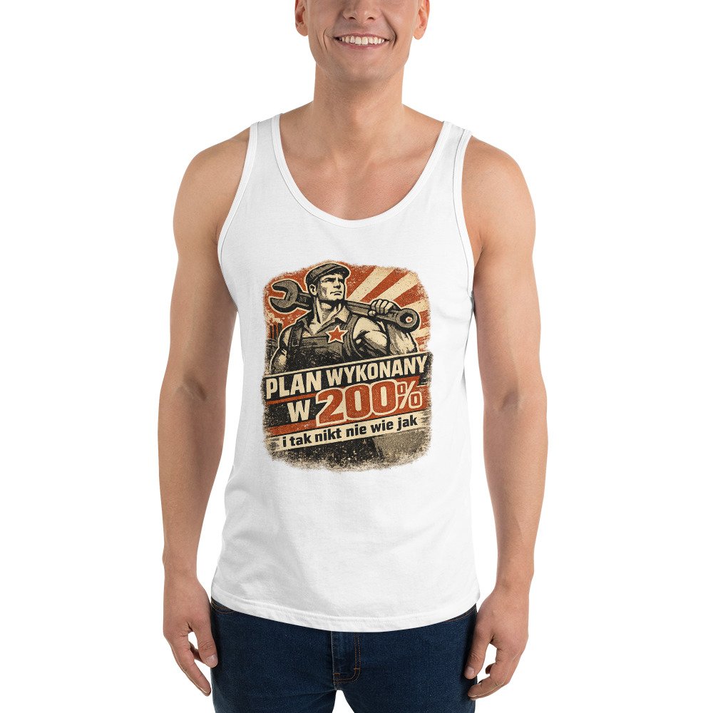 Męska koszulka na ramiączkach „Plan Wykonany w 200%” – tank top PRL z mechanikiem retro| Zarn.pl Męska koszulka na ramiączkach „Plan Wykonany w 200%” – tank top PRL z mechanikiem retro - obrazek 9