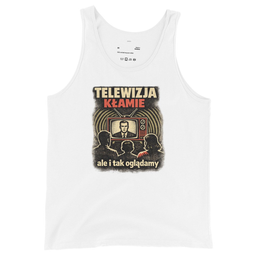 Męska koszulka na ramiączkach „Telewizja Kłamie” – tank top PRL z telewizorem retro| Zarn.pl Męska koszulka na ramiączkach „Telewizja Kłamie” – tank top PRL z telewizorem retro - obrazek 4