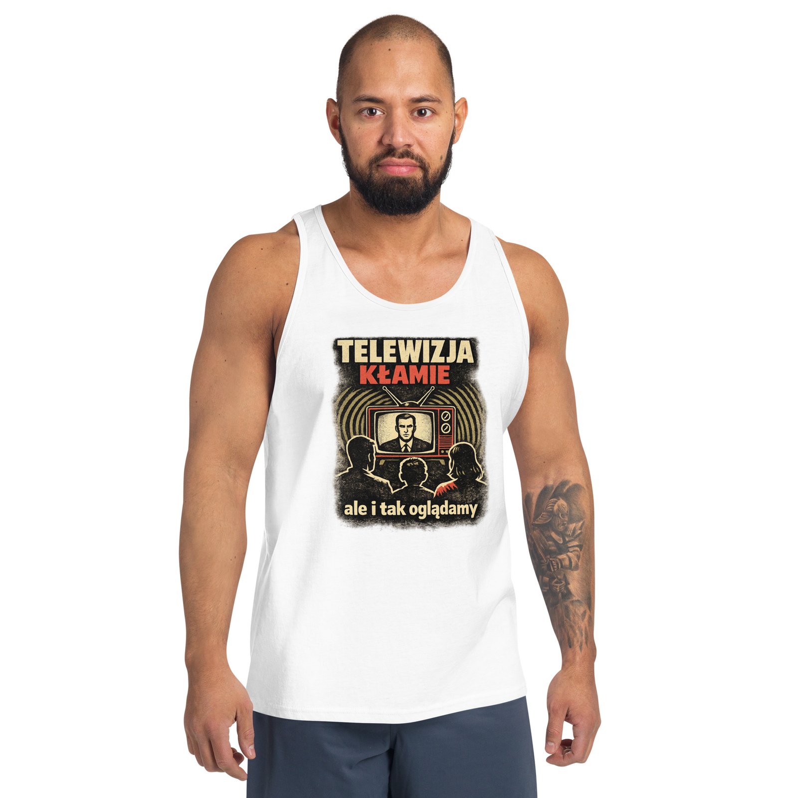 Męska koszulka na ramiączkach „Telewizja Kłamie” – tank top PRL z telewizorem retro| Zarn.pl męska koszulka na ramiączkach PRL z telewizorem retro
