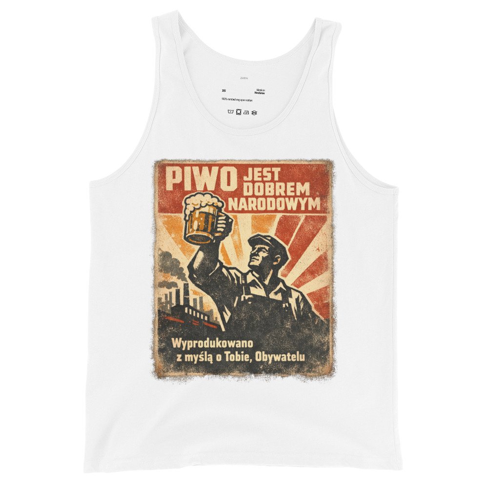 Męska koszulka na ramiączkach „Piwo Jest Dobrem Narodowym” – tank top PRL z kuflem piwa retro| Zarn.pl Męska koszulka na ramiączkach „Piwo Jest Dobrem Narodowym” – tank top PRL z kuflem piwa retro - obrazek 4