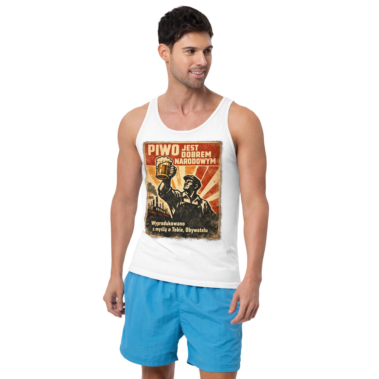 Męska koszulka na ramiączkach „Piwo Jest Dobrem Narodowym” – tank top PRL z kuflem piwa retro| Zarn.pl Męska koszulka na ramiączkach „Piwo Jest Dobrem Narodowym” – tank top PRL z kuflem piwa retro - obrazek 9