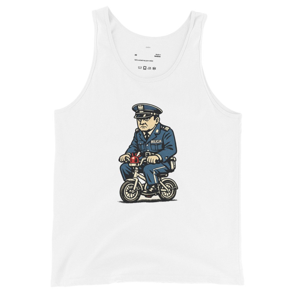 Męska koszulka na ramiączkach „Milicjant PRL” – tank top retro z milicją i rowerkiem| Zarn.pl Męska koszulka na ramiączkach „Milicjant PRL” – tank top retro z milicją i rowerkiem - obrazek 4