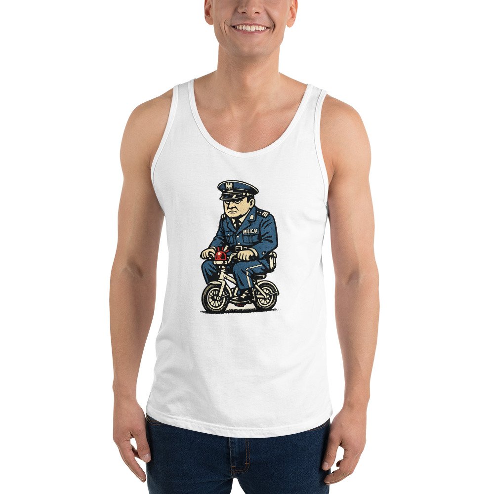 Męska koszulka na ramiączkach „Milicjant PRL” – tank top retro z milicją i rowerkiem| Zarn.pl męska koszulka na ramiączkach PRL z milicjantem
