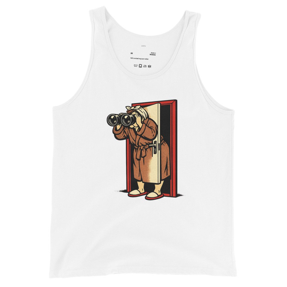 Męska koszulka na ramiączkach „Sąsiadka PRL” – tank top retro z lornetką i humorem vintage| Zarn.pl Męska koszulka na ramiączkach „Sąsiadka PRL” – tank top retro z lornetką i humorem vintage - obrazek 4