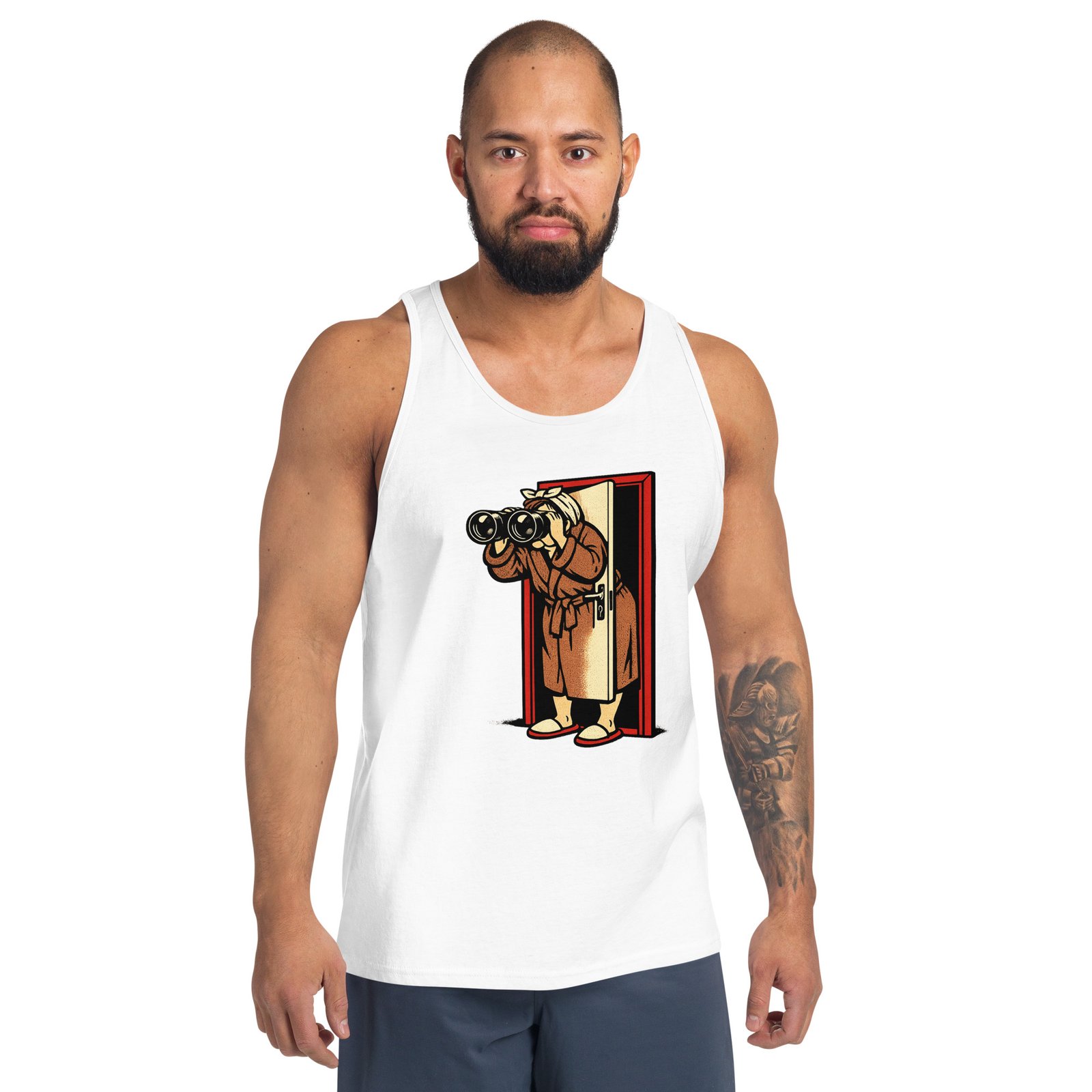 Męska koszulka na ramiączkach „Sąsiadka PRL” – tank top retro z lornetką i humorem vintage| Zarn.pl Męska koszulka na ramiączkach „Sąsiadka PRL” – tank top retro z lornetką i humorem vintage - obrazek 9