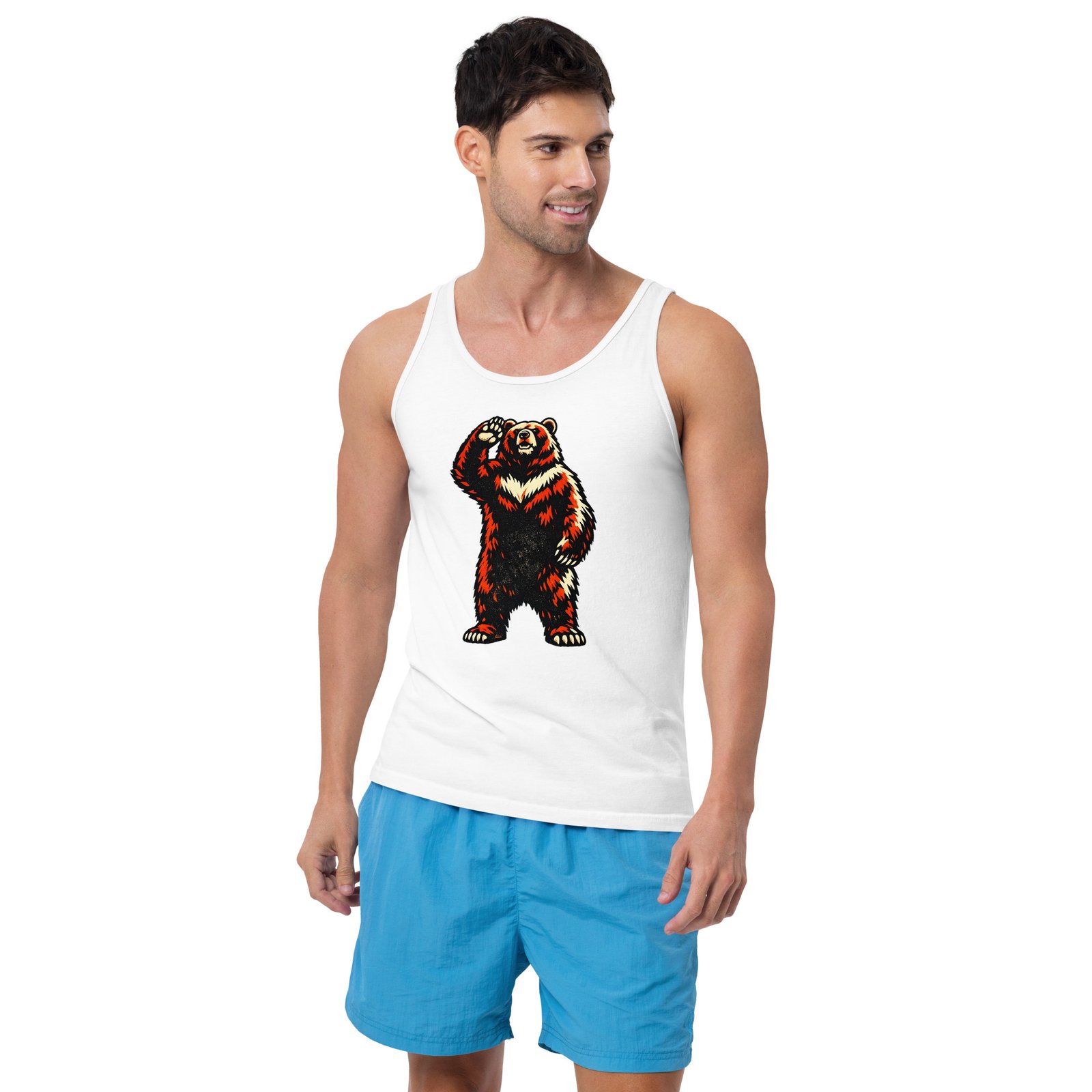 Męska koszulka na ramiączkach „Niedźwiedź PRL” – tank top retro z kultowym misiem vintage| Zarn.pl męska koszulka na ramiączkach PRL z niedźwiedziem retro