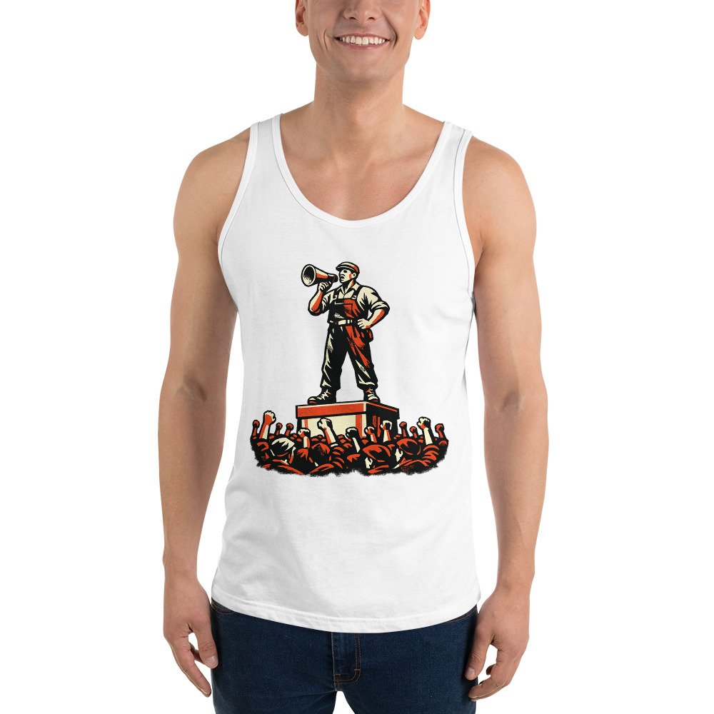 Koszulka na ramiączkach PRL „Robotnik z Megafonem” – tank top retro propaganda vintage| Zarn.pl męska koszulka na ramiączkach PRL z robotnikiem i megafonem