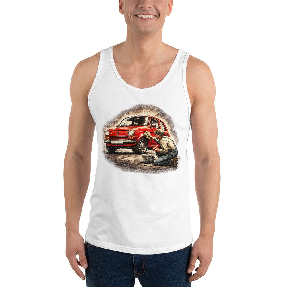 Koszulka na ramiączkach Fiat 126p „Maluch” – tank top PRL retro motoryzacja| Zarn.pl męska koszulka na ramiączkach Fiat 126p Maluch PRL