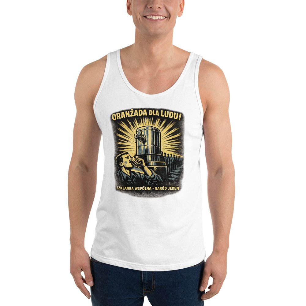 Koszulka na ramiączkach PRL „Oranżada dla Ludu” – tank top retro humor| Zarn.pl męska koszulka na ramiączkach oranżada PRL retro