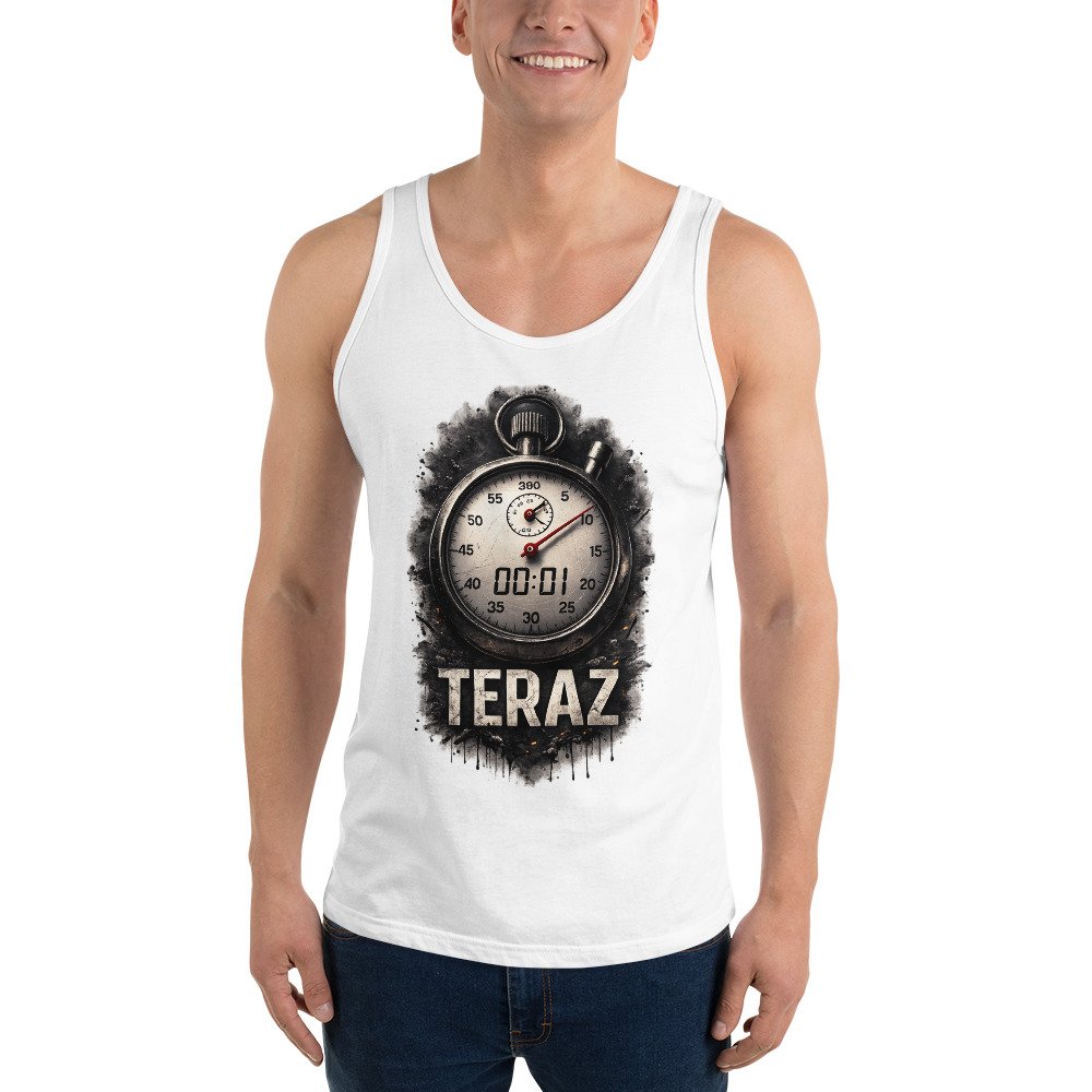 Męska koszulka na ramiączkach „Teraz” – motywacyjny tank top ze stoperem i symbolem działania| Zarn.pl męska koszulka tank top z motywacyjnym napisem TERAZ