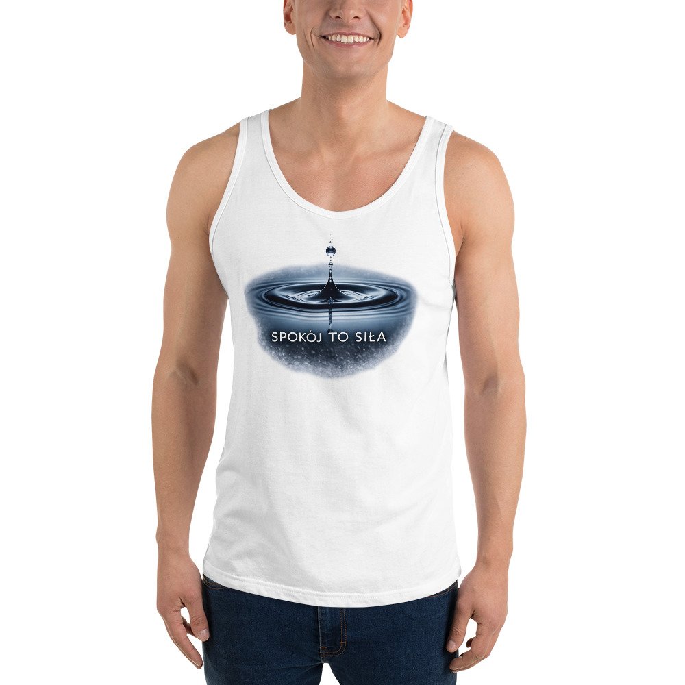 Męska koszulka na ramiączkach „Spokój to Siła” – motywacyjny tank top mindfulness| Zarn.pl męska koszulka tank top motywacyjna ze spokojnym nadrukiem
