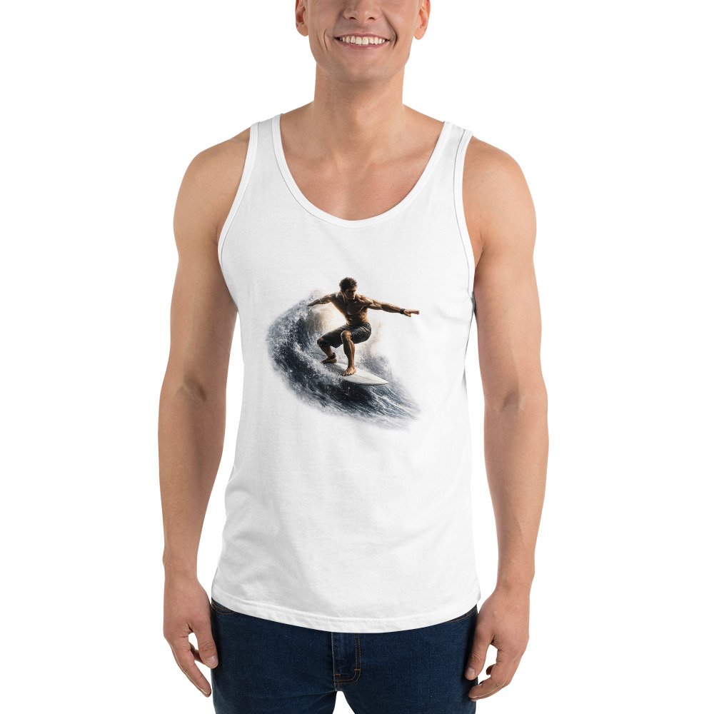 Męska koszulka na ramiączkach „Moc Fali” – sportowa koszulka tank top z surferem| Zarn.pl sportowa koszulka tank top z surferem