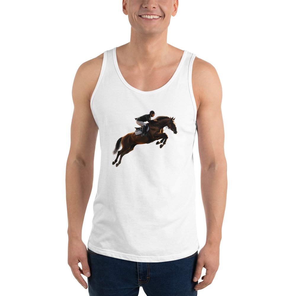 Męska koszulka na ramiączkach „Equestrian Jump” – sportowa koszulka tank top z jeźdźcem i koniem| Zarn.pl sportowa koszulka tank top z jeźdźcem na koniu