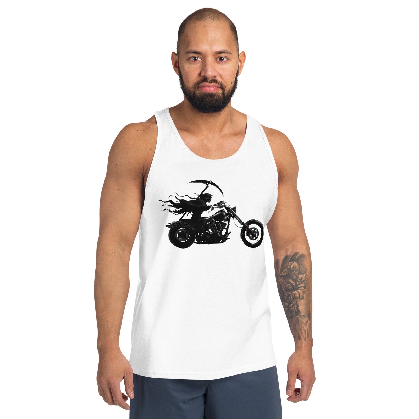 Męska koszulka na ramiączkach „Grim Rider Chopper” – mroczny styl motocyklisty| Zarn.pl koszulka z motocyklem chopper i kostuchą