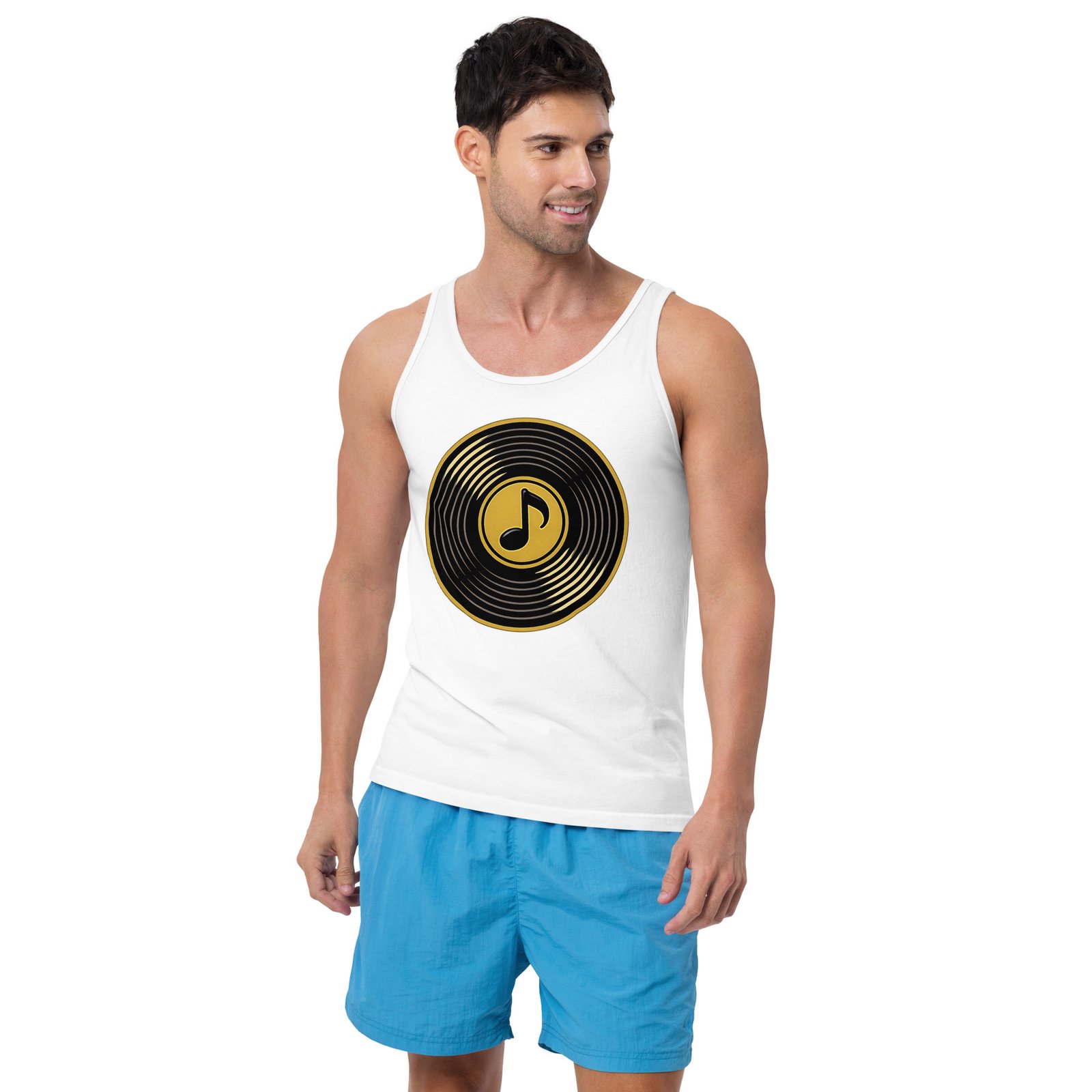 Męska koszulka na ramiączkach „Vinyl Music” – tank top z płytą winylową i nutą muzyczną| Zarn.pl koszulka na ramiączkach z płytą winylową i nutą muzyczną
