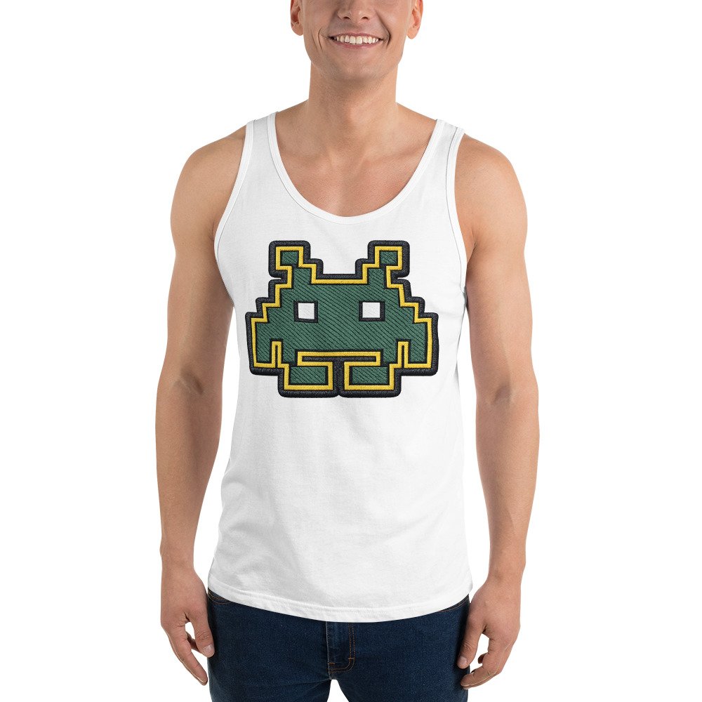 Męska koszulka na ramiączkach „Pixel Alien” – tank top z pikselowym kosmitą| Zarn.pl koszulka na ramiączkach z pikselowym kosmitą
