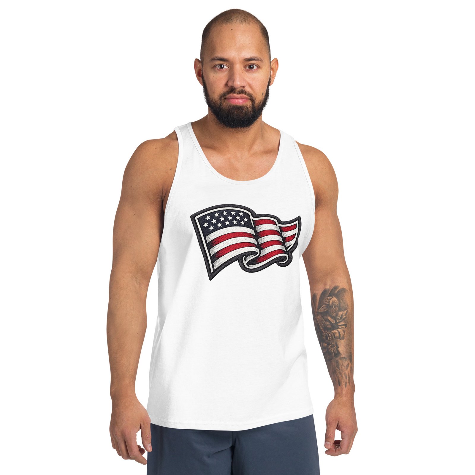 Męska koszulka na ramiączkach z flagą USA – tank top patriotyczny American Style| Zarn.pl męska koszulka na ramiączkach z flagą USA w stylu American Style