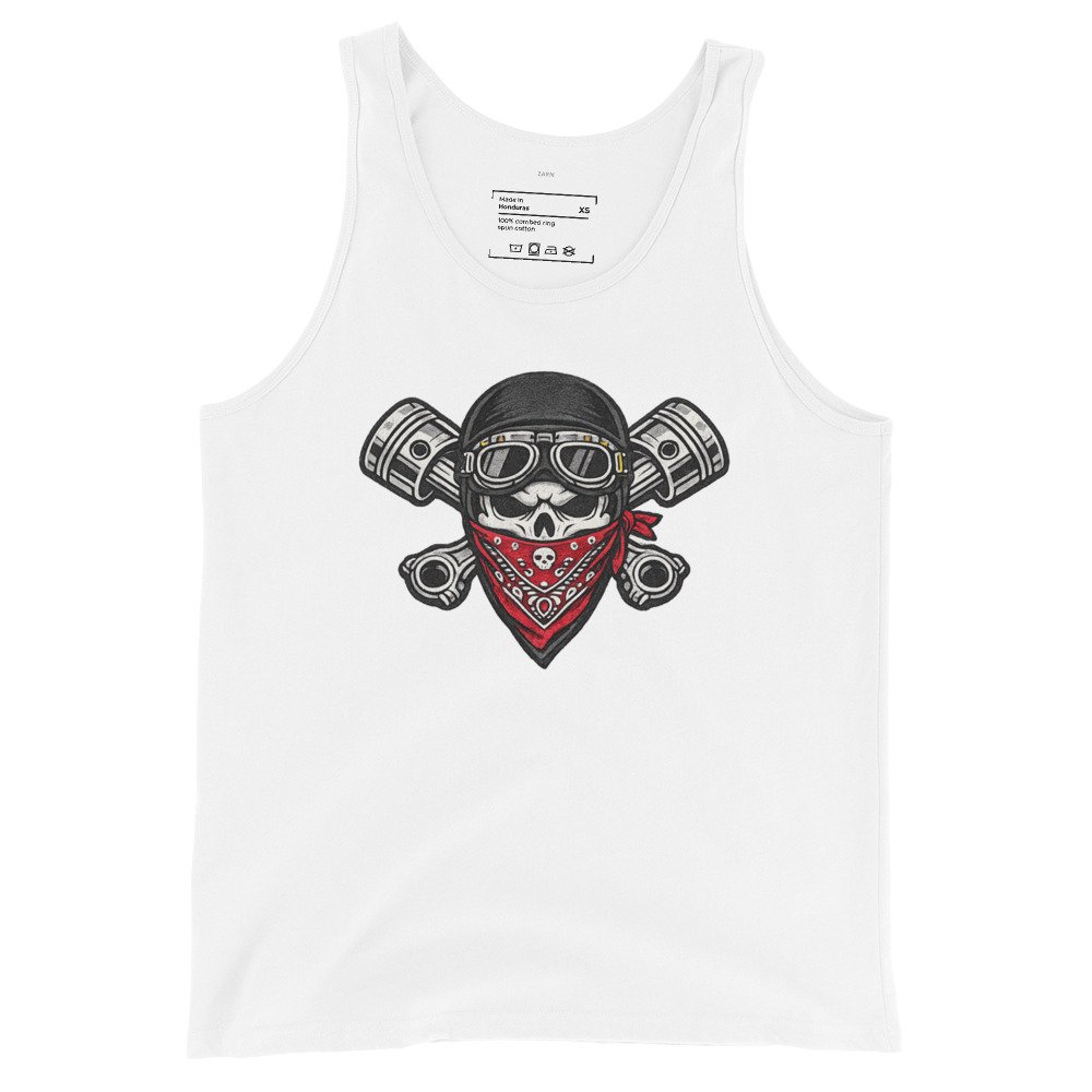 Męska koszulka na ramiączkach „Biker Skull” – koszulka motocyklisty z czaszką, tłokami i czerwoną bandaną| Zarn.pl Męska koszulka na ramiączkach „Biker Skull” – koszulka motocyklisty z czaszką, tłokami i czerwoną bandaną - obrazek 4