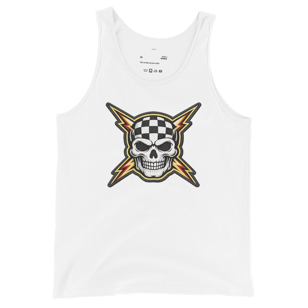 Męska koszulka na ramiączkach z czaszką i błyskawicami – rockowy tank top vintage| Zarn.pl Męska koszulka na ramiączkach z czaszką i błyskawicami – rockowy tank top vintage - obrazek 4
