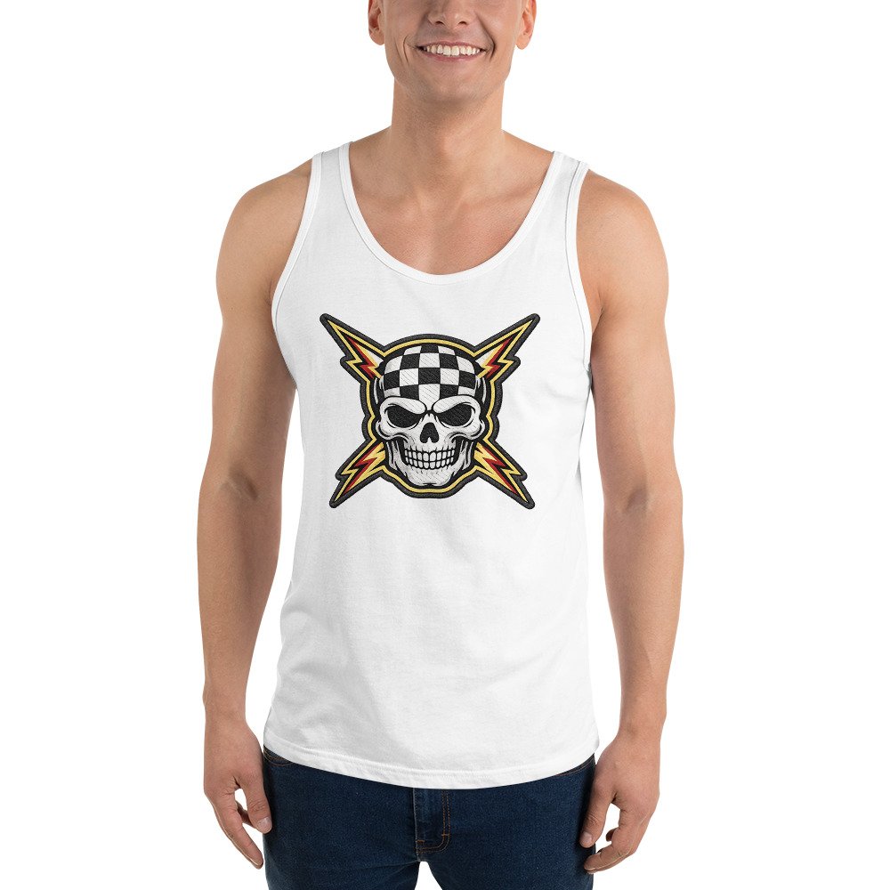 Męska koszulka na ramiączkach z czaszką i błyskawicami – rockowy tank top vintage| Zarn.pl Męska koszulka na ramiączkach z czaszką i błyskawicami – rockowy tank top vintage - obrazek 9
