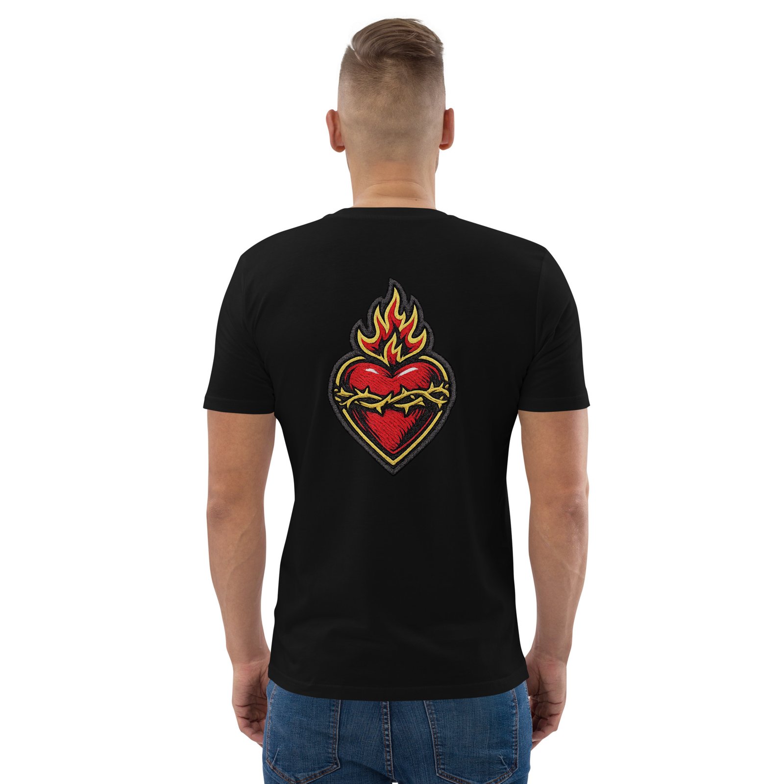 Męska koszulka „Flaming Heart” – koszulka męska z płonącym sercem i cierniową koroną| Zarn.pl koszulka męska z płonącym sercem i cierniową koroną
