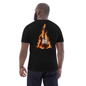 koszulka z gitarą elektryczną w ogniu