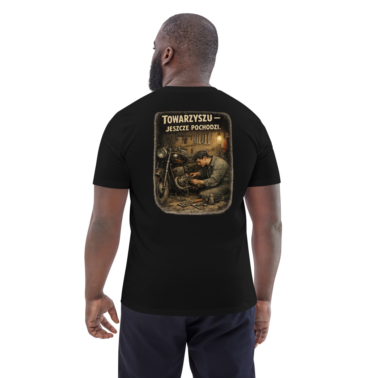 Koszulka „Towarzyszu – Jeszcze Pochodzi” Motocykl PRL Vintage| Zarn.pl koszulka mechanik motocyklowy PRL vintage