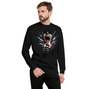 bluza męska z wokalistą rockowym i mikrofonem