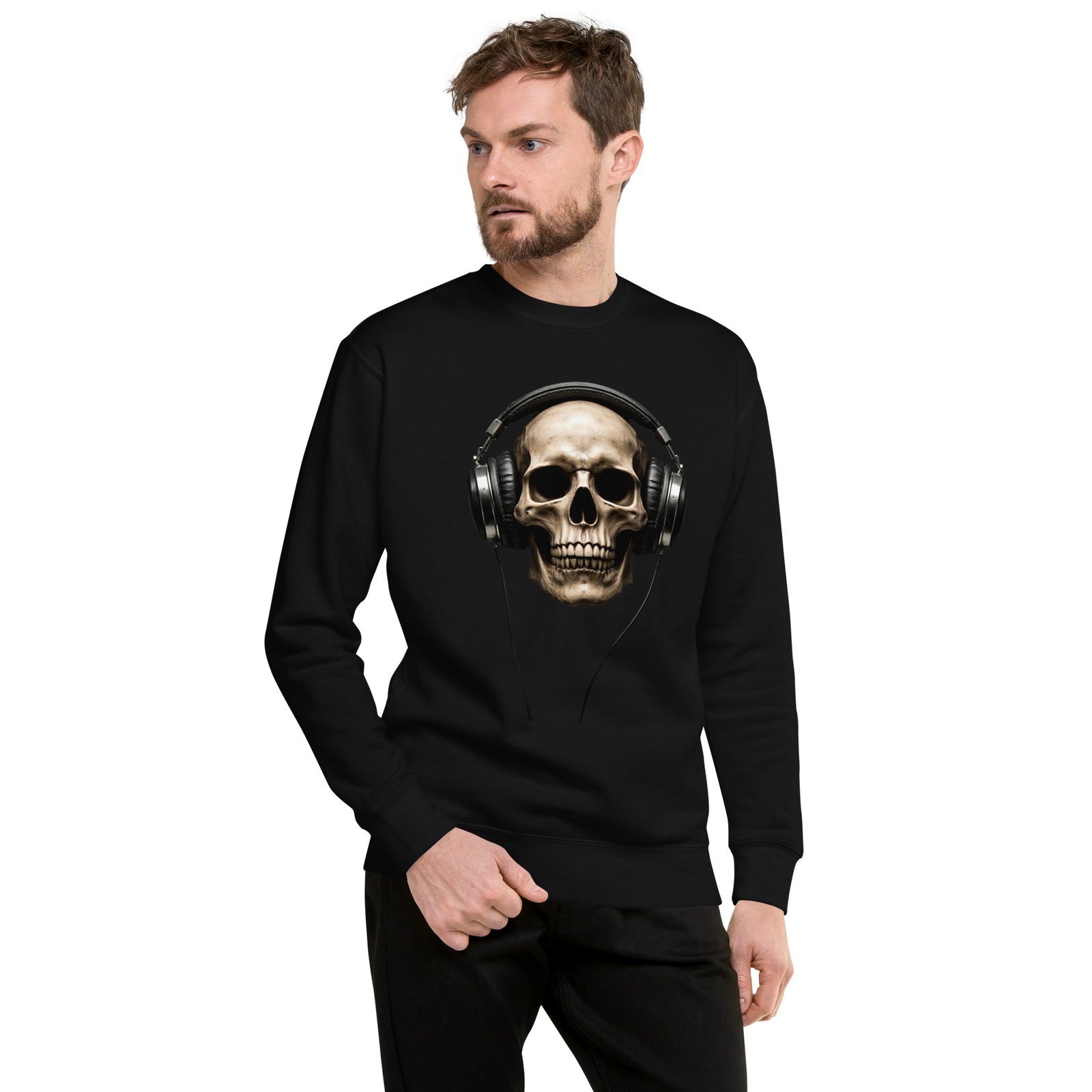 Bluza męska „Rockowy Czaszkofon” – bluza męska z nadrukiem czaszki w słuchawkach| Zarn.pl bluza męska z nadrukiem czaszki w słuchawkach