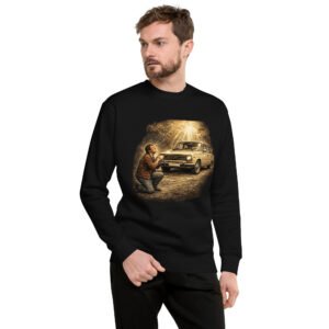 bluza męska PRL z klasycznym samochodem.