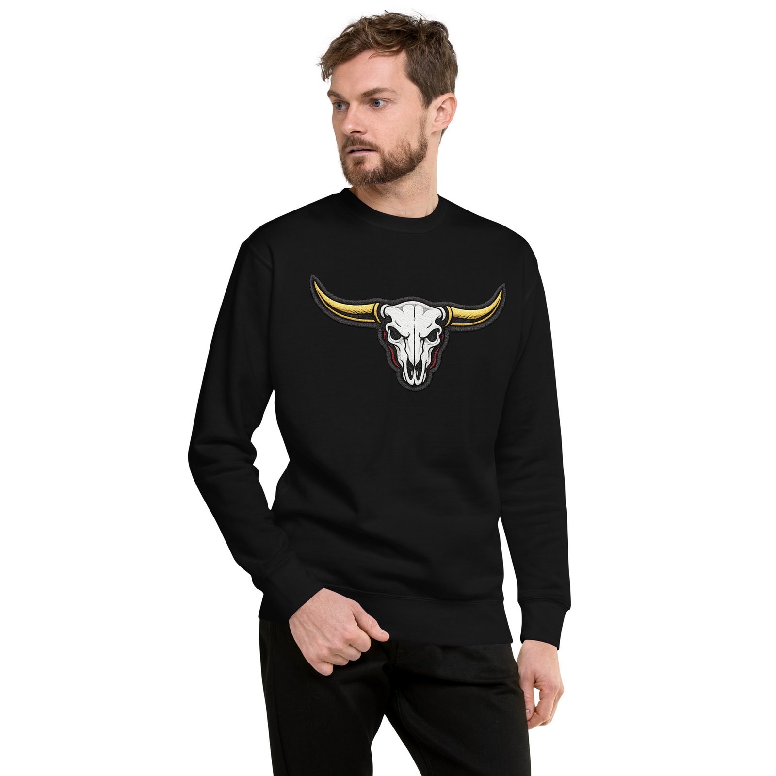 Męska bluza z nadrukiem czaszki byka z długimi rogami – bluza western i country| Zarn.pl bluza męska z nadrukiem czaszki byka z długimi rogami