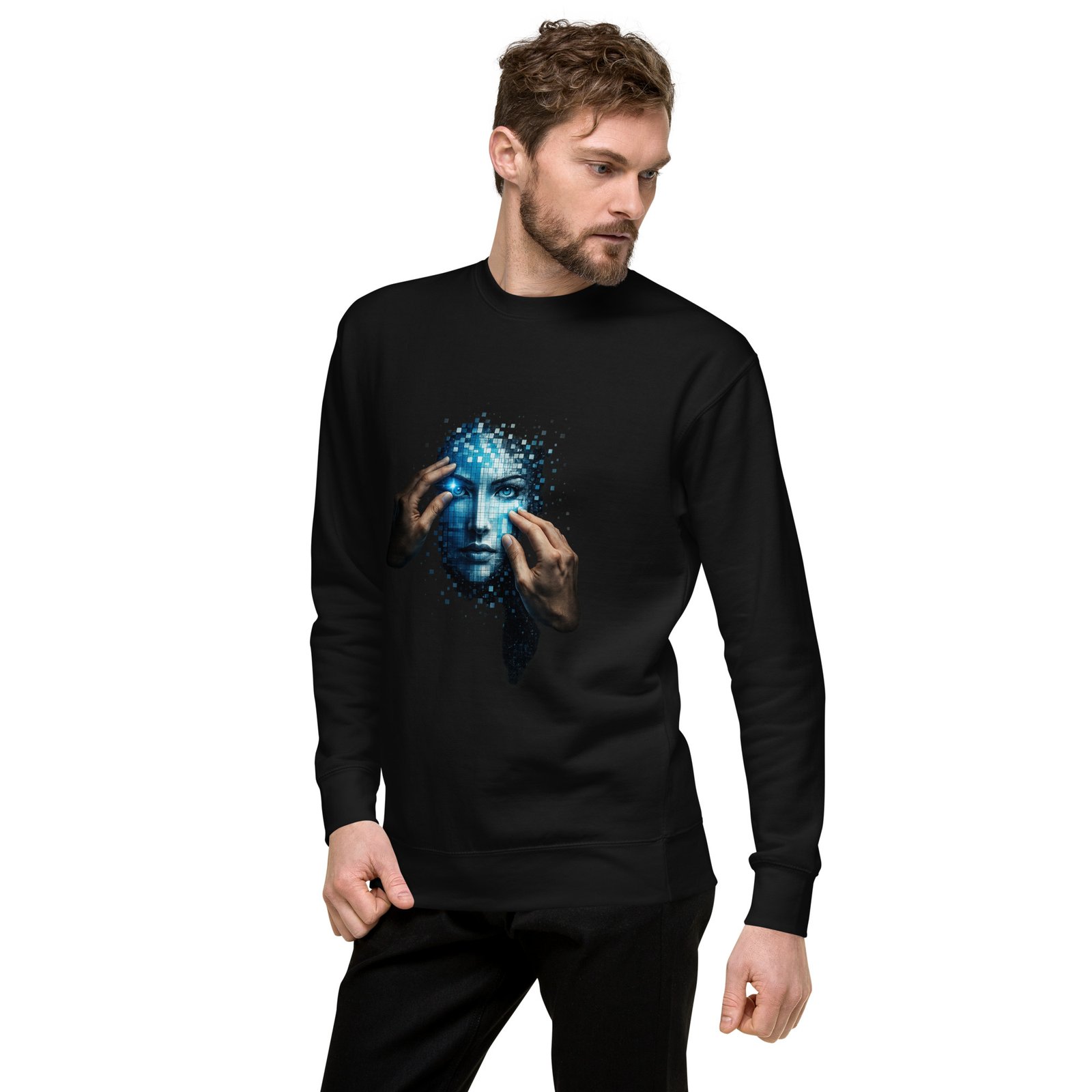 Męska bluza artystyczna „Cyfrowa Tożsamość” – bluza męska z futurystyczną twarzą AI| Zarn.pl Męska bluza artystyczna „Cyfrowa Tożsamość” – bluza męska z futurystyczną twarzą AI - obrazek 13