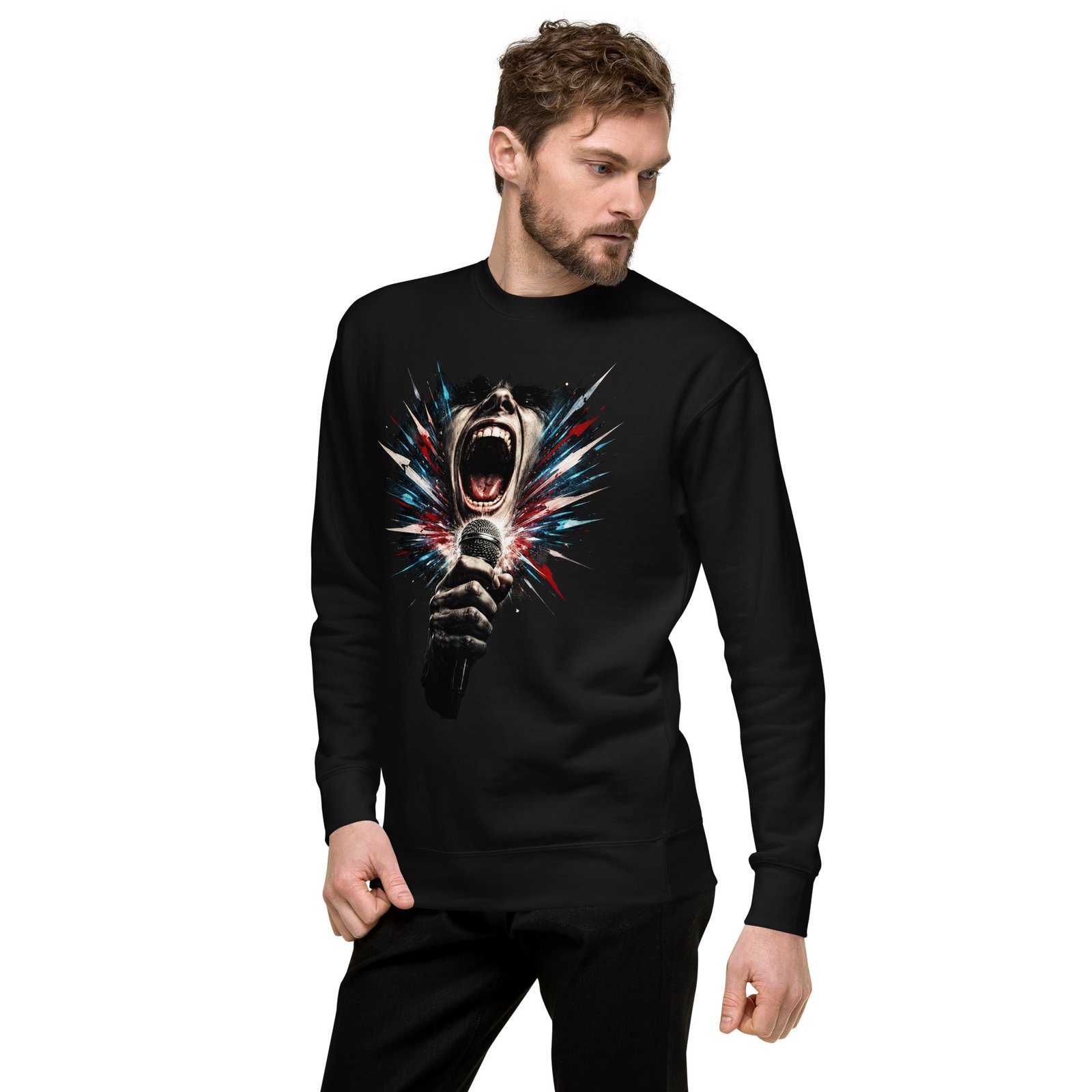 Męska bluza artystyczna „Krzyk Sceny” – bluza męska z wokalistą rockowym i mikrofonem| Zarn.pl Męska bluza artystyczna „Krzyk Sceny” – bluza męska z wokalistą rockowym i mikrofonem - obrazek 13