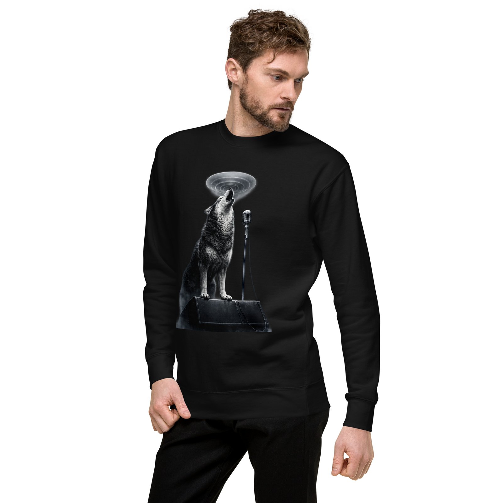 Bluza męska „Wilk Rockowy Wokalista” – bluza męska z nadrukiem wyjącego wilka przy mikrofonie| Zarn.pl Bluza męska „Wilk Rockowy Wokalista” – bluza męska z nadrukiem wyjącego wilka przy mikrofonie - obrazek 13