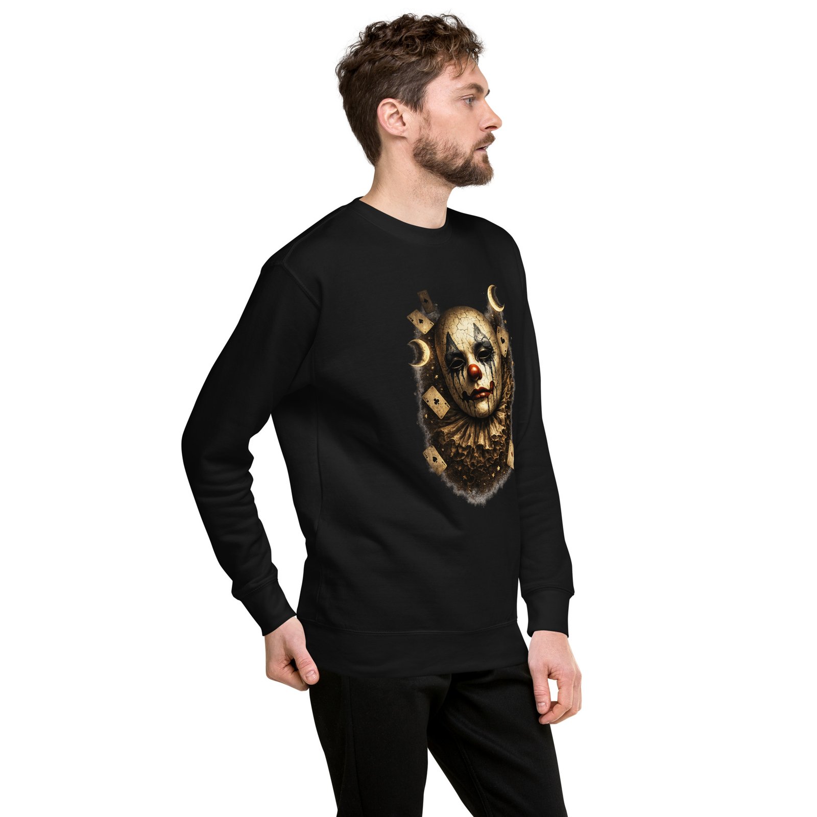 Męska bluza artystyczna „Mroczny Klaun” – bluza męska z maską klauna i kartami| Zarn.pl Męska bluza artystyczna „Mroczny Klaun” – bluza męska z maską klauna i kartami - obrazek 17