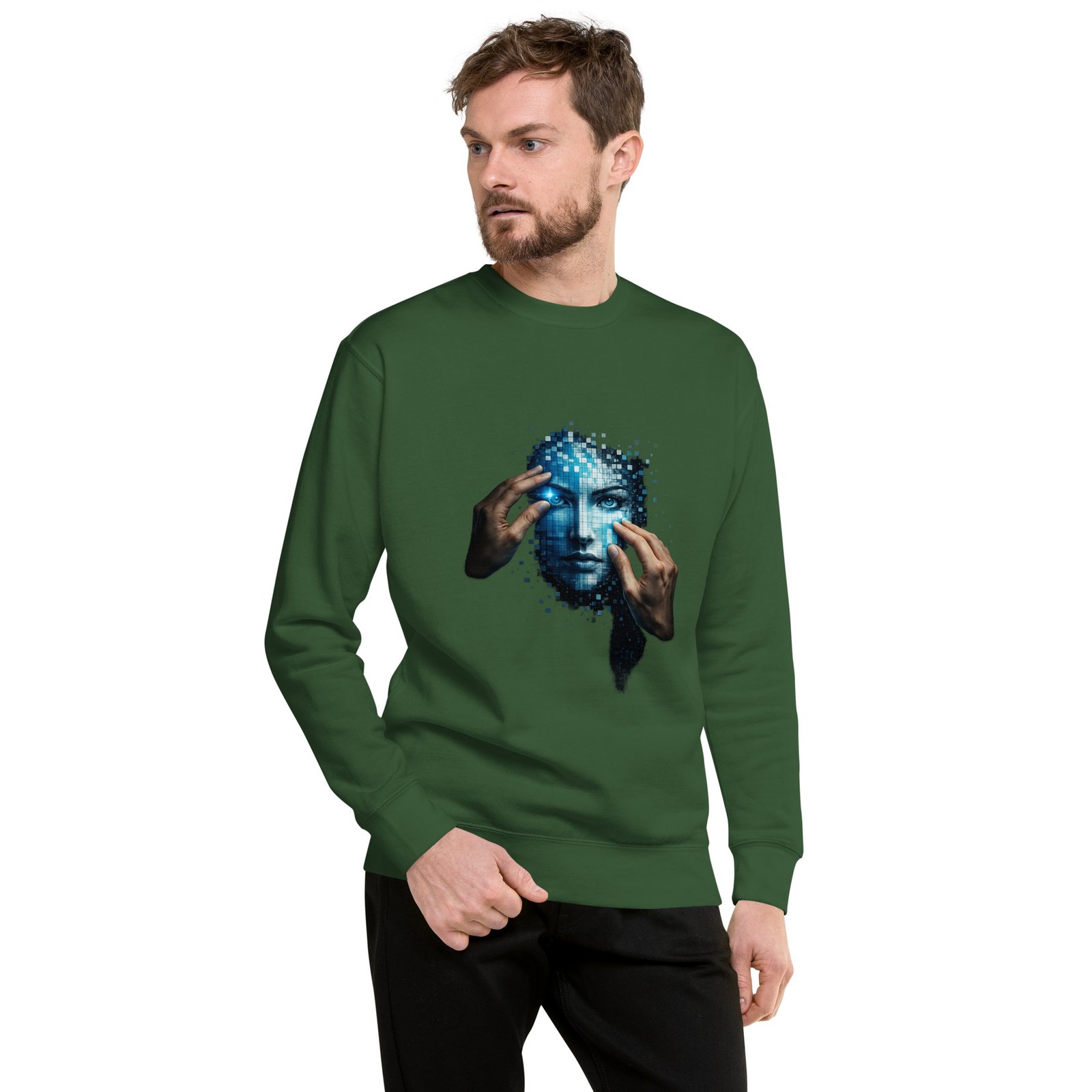 Męska bluza artystyczna „Cyfrowa Tożsamość” – bluza męska z futurystyczną twarzą AI| Zarn.pl Męska bluza artystyczna „Cyfrowa Tożsamość” – bluza męska z futurystyczną twarzą AI - obrazek 7