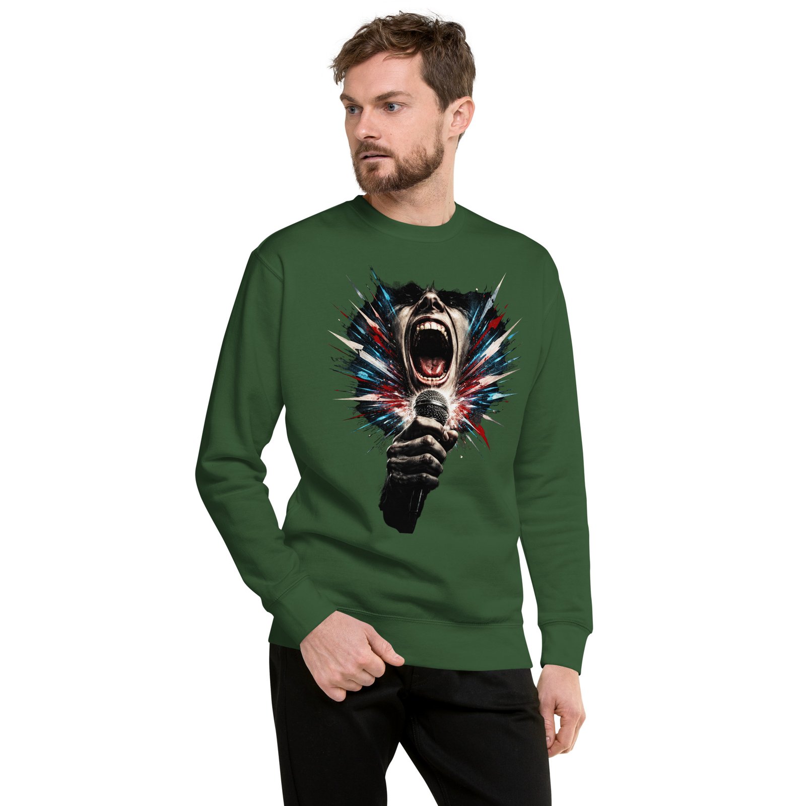 Męska bluza artystyczna „Krzyk Sceny” – bluza męska z wokalistą rockowym i mikrofonem| Zarn.pl Męska bluza artystyczna „Krzyk Sceny” – bluza męska z wokalistą rockowym i mikrofonem - obrazek 7