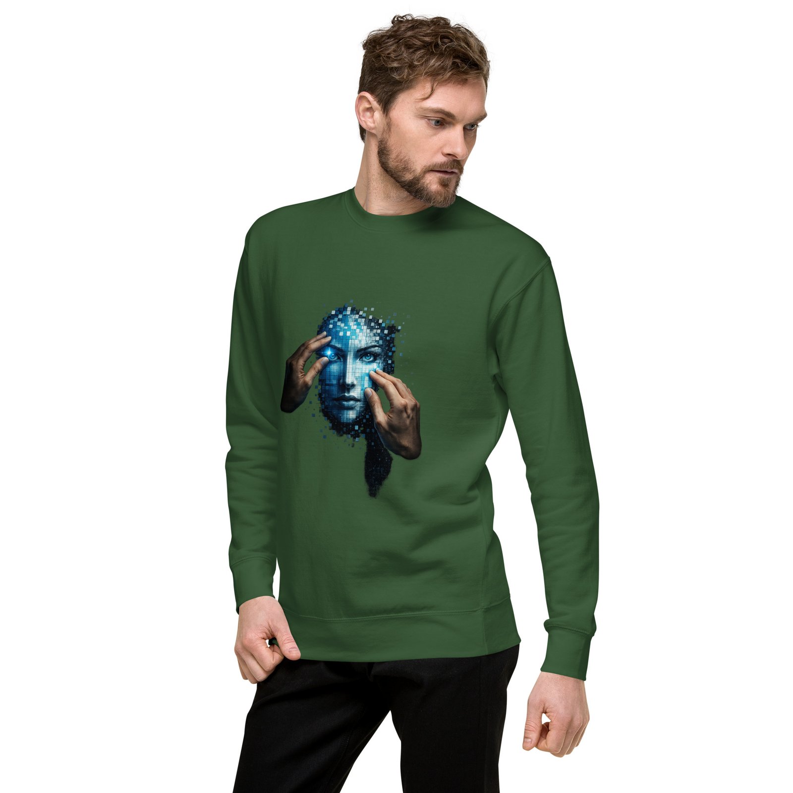 Męska bluza artystyczna „Cyfrowa Tożsamość” – bluza męska z futurystyczną twarzą AI| Zarn.pl Męska bluza artystyczna „Cyfrowa Tożsamość” – bluza męska z futurystyczną twarzą AI - obrazek 15