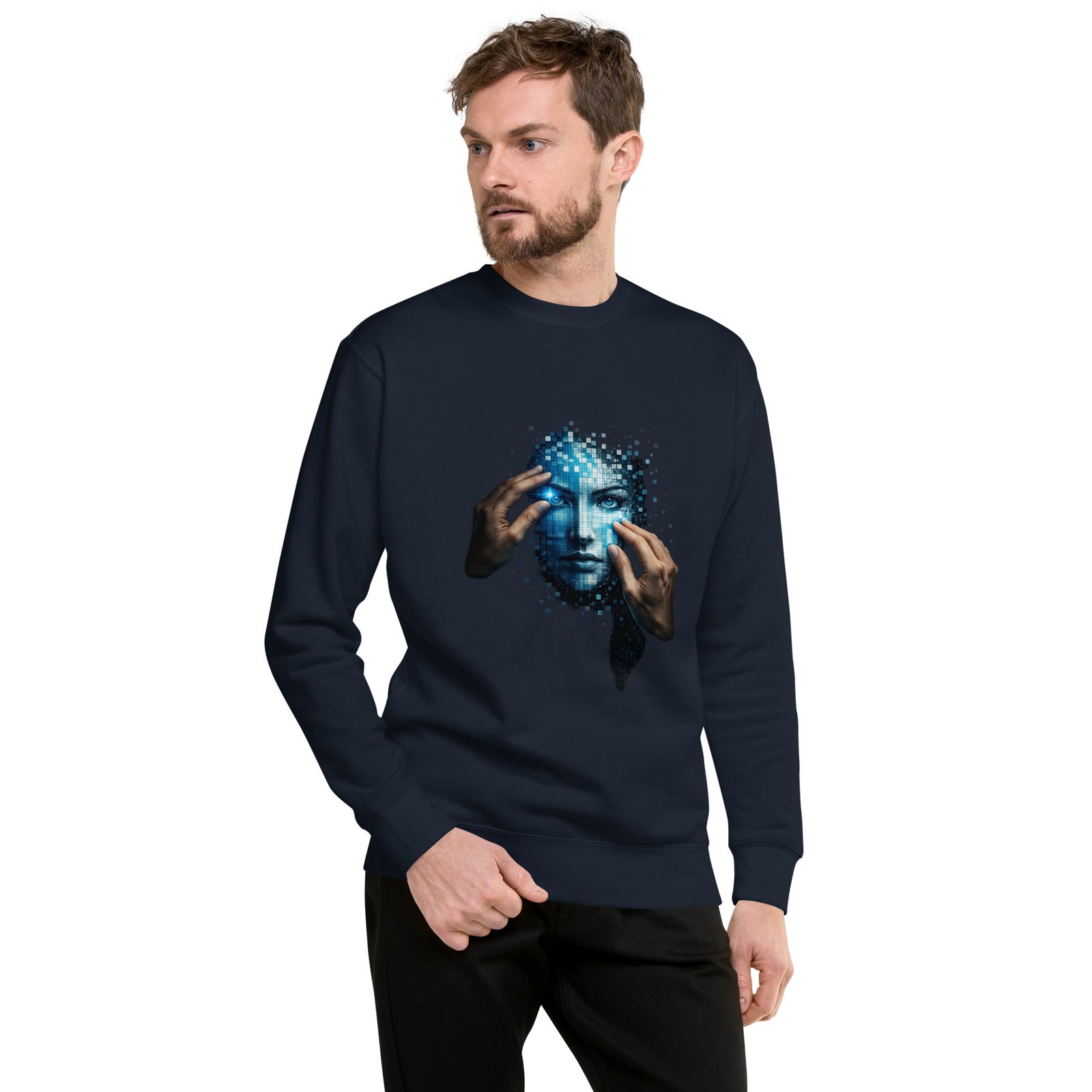 Męska bluza artystyczna „Cyfrowa Tożsamość” – bluza męska z futurystyczną twarzą AI| Zarn.pl Męska bluza artystyczna „Cyfrowa Tożsamość” – bluza męska z futurystyczną twarzą AI - obrazek 6