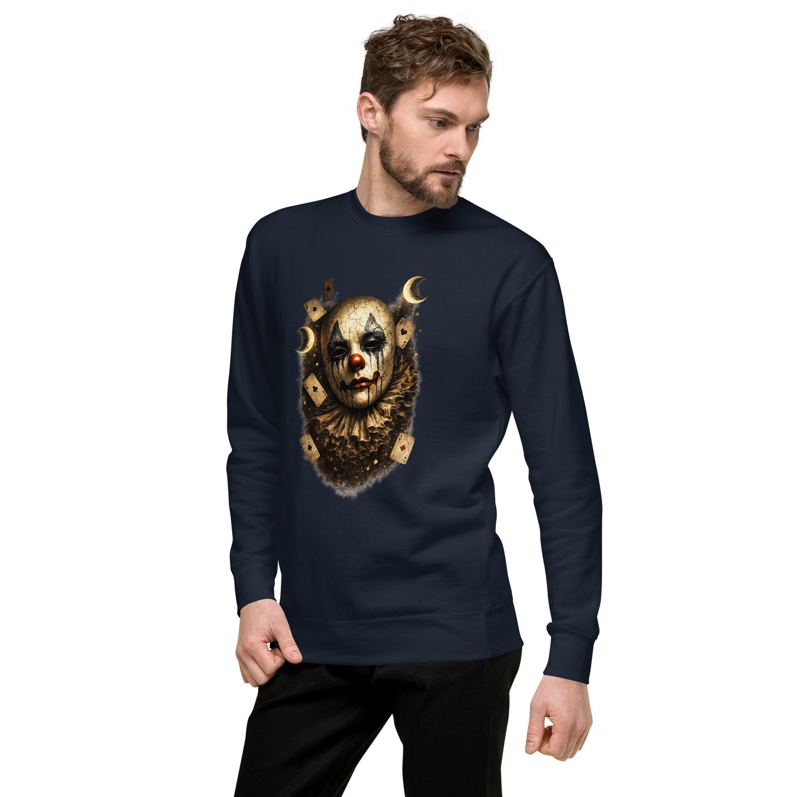 Męska bluza artystyczna „Mroczny Klaun” – bluza męska z maską klauna i kartami| Zarn.pl Męska bluza artystyczna „Mroczny Klaun” – bluza męska z maską klauna i kartami - obrazek 14